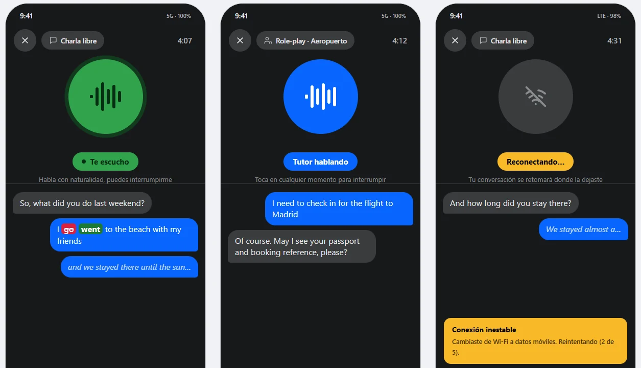 LinguaLive voice session screens